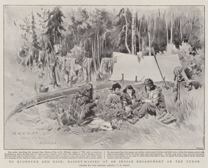 Klondyke-ba és vissza, kosárkészítés egy indiai táborban a Yukonon (litho) alkotó: Charles Edwin Fripp