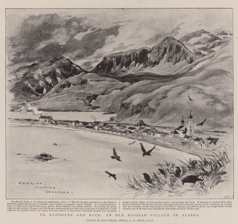 Klondyke-ba és vissza, egy régi orosz faluba Alaszkában (litho) alkotó: Charles Edwin Fripp