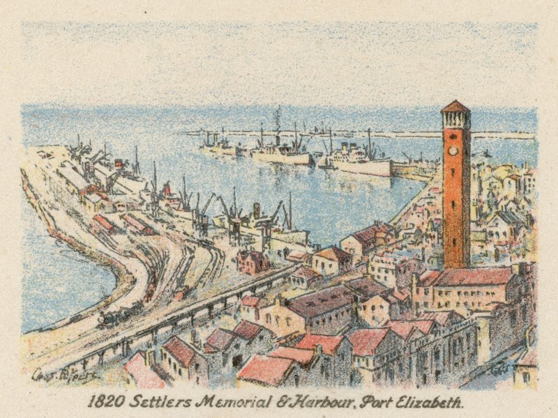 Dél-Afrika: 1820 Telepesek emlékműve és kikötője, Port Elizabeth (színes litográfia) alkotó: Charles Ernest Peers