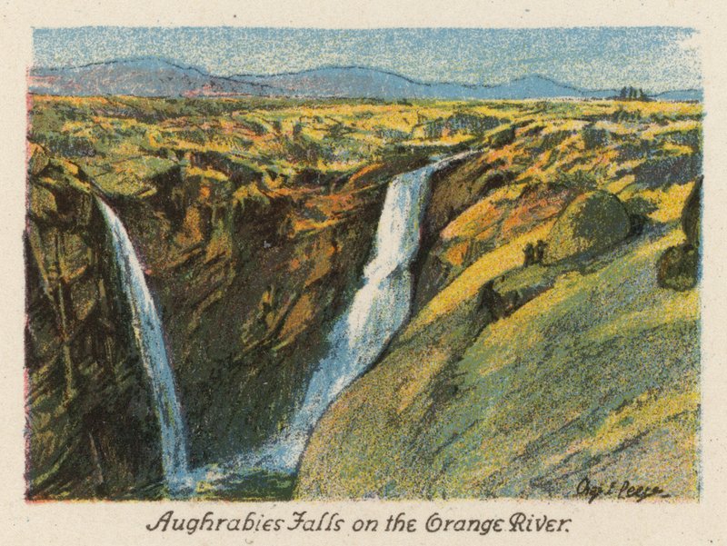 Dél-Afrika: Aughrabies vízesés az Orange folyón (színes litográfia) alkotó: Charles Ernest Peers