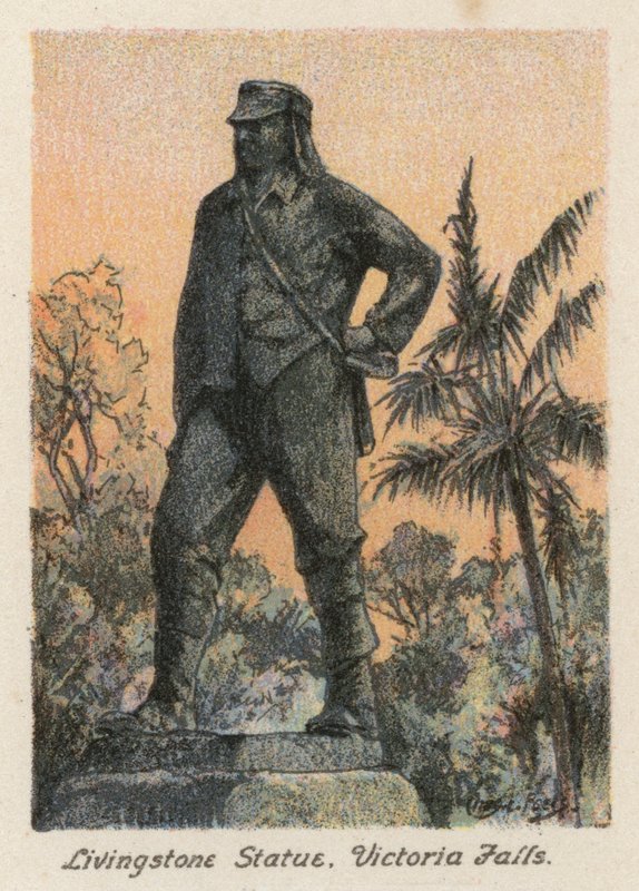 Dél-Afrika: Livingstone-szobor, Viktória-vízesés (színes litográfia) alkotó: Charles Ernest Peers