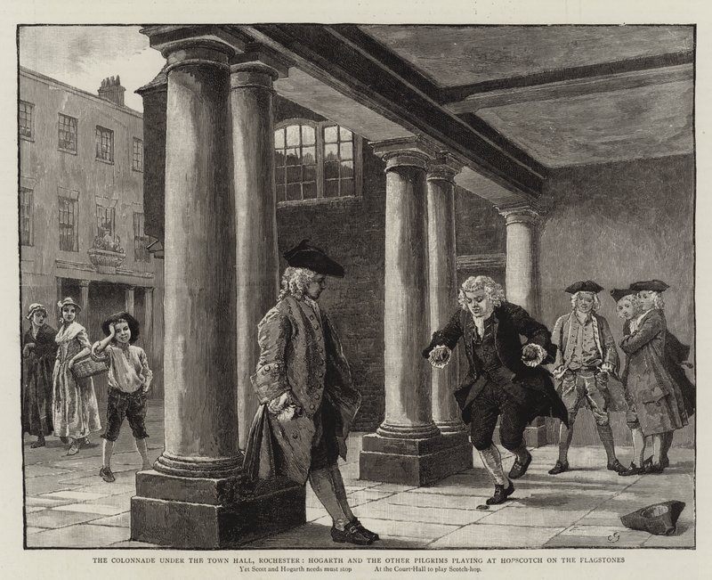 Az oszlopcsarnok a városháza alatt, Rochester, Hogarth és a többi zarándok, aki a Hopscotchban játszik a Flagstones-on alkotó: Charles Green