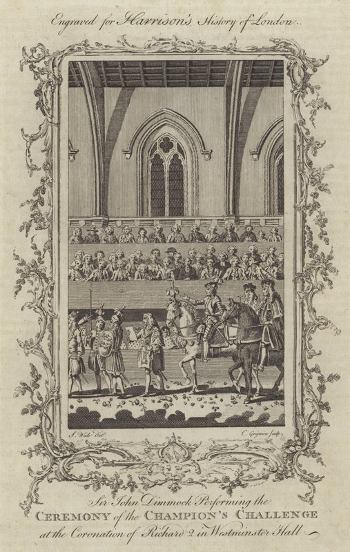 Sir John Dimmock a Champions Challenge ceremóniáján II. Richárd koronázásán a Westminster Hallban, 1377 alkotó: Charles Grignion
