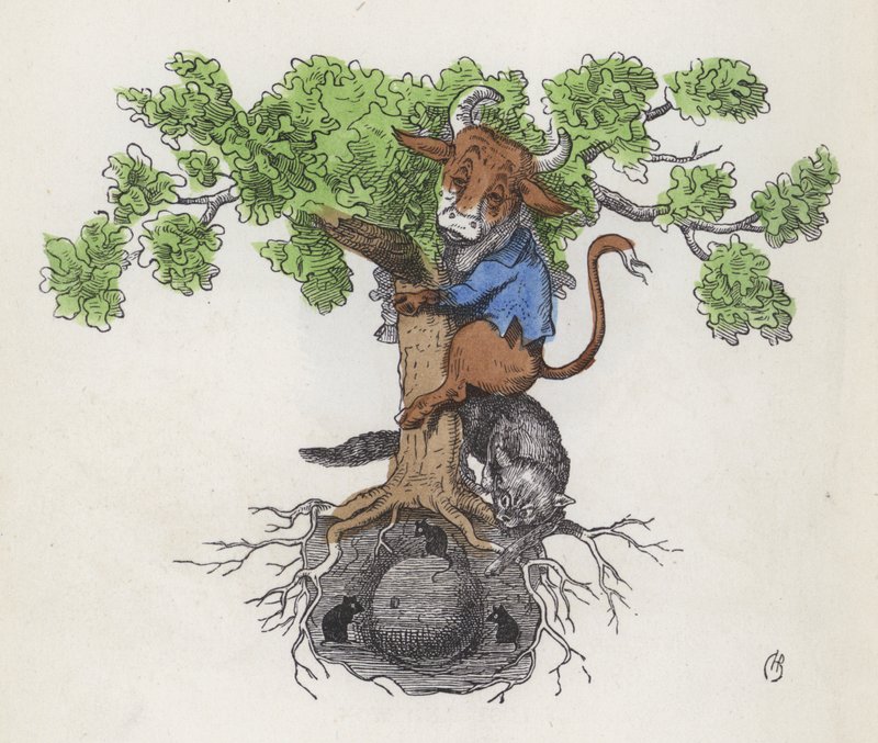 Tehén egy fát egy sajtot evő egerekre vadászó macska fölött (színes metszet) alkotó: Charles Henry (after) Bennett