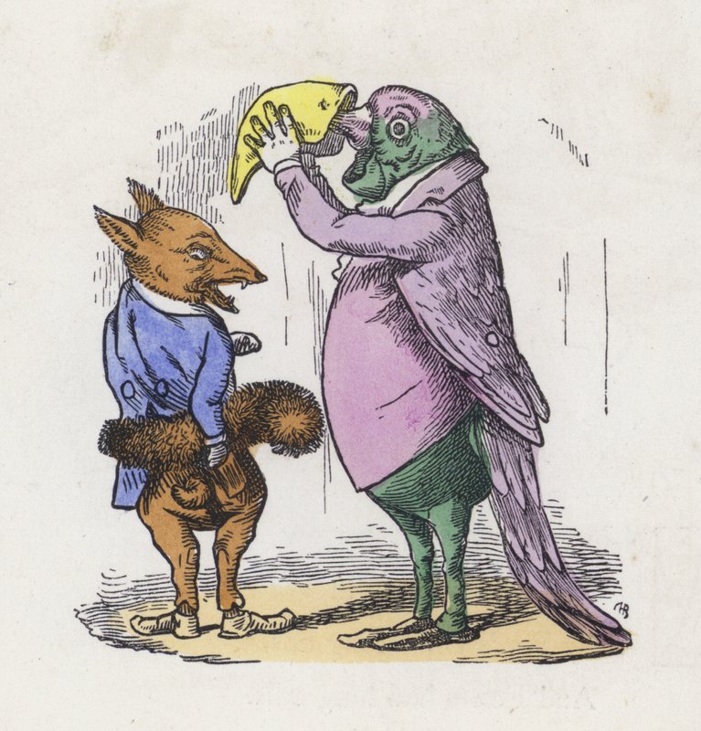 A róka a farkát használja muffhoz és a papagáj tubákot szed (színes gravírozás) alkotó: Charles Henry (after) Bennett