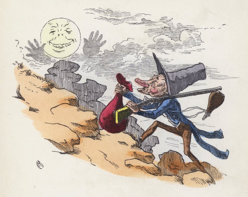 Ember felmászik egy dombra, hogy a Holdra lőjön (színes metszet) alkotó: Charles Henry (after) Bennett