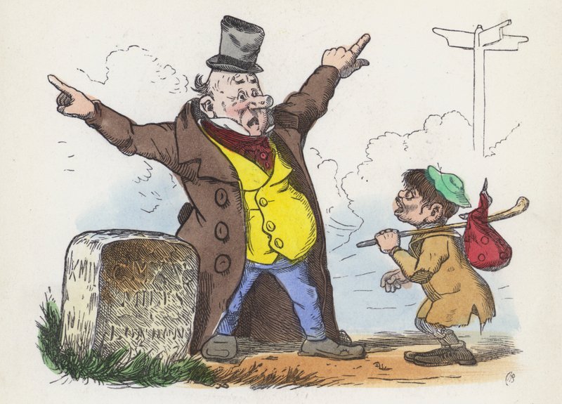 Férfi zavaros útbaigazítást ad egy utazónak a Londonba vezető úton (színes metszet) alkotó: Charles Henry (after) Bennett