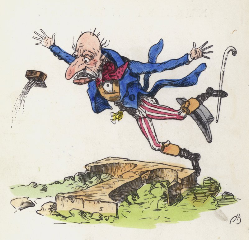 Öreg ember megbotlik egy T betű alakú sziklában (színes metszet) alkotó: Charles Henry (after) Bennett