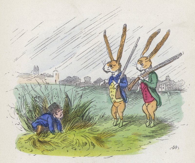 Két antropomorf nyúl vadászik (színes metszet) alkotó: Charles Henry (after) Bennett