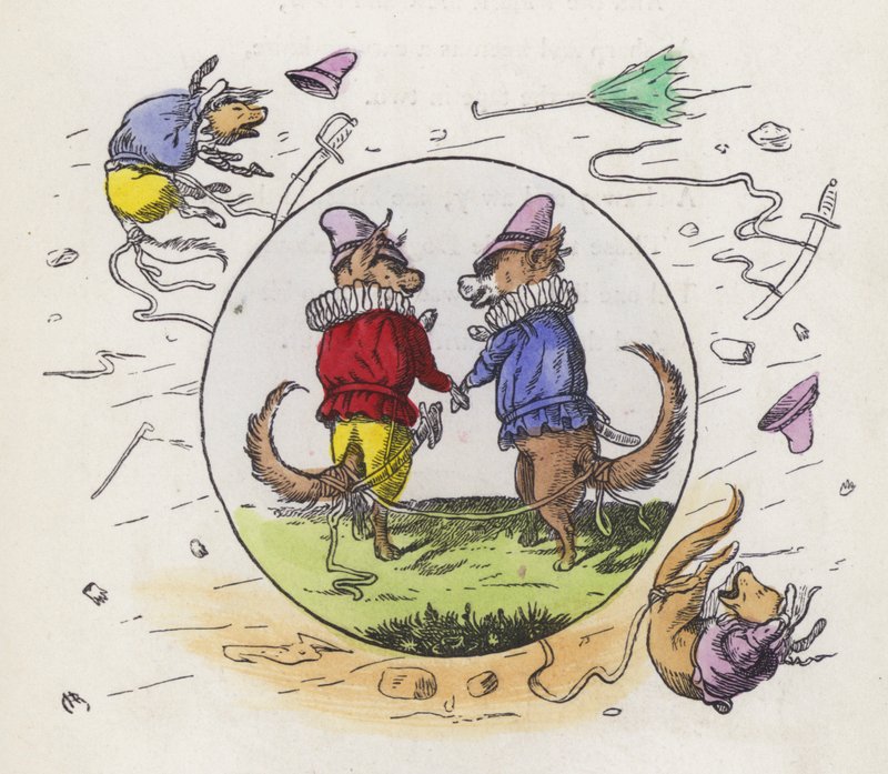 Két Tudor-jelmezbe öltözött kutya sétálni indul egy szeles napon, a meséiket összekötve, hogy ne repüljenek el (színes metszet) alkotó: Charles Henry (after) Bennett