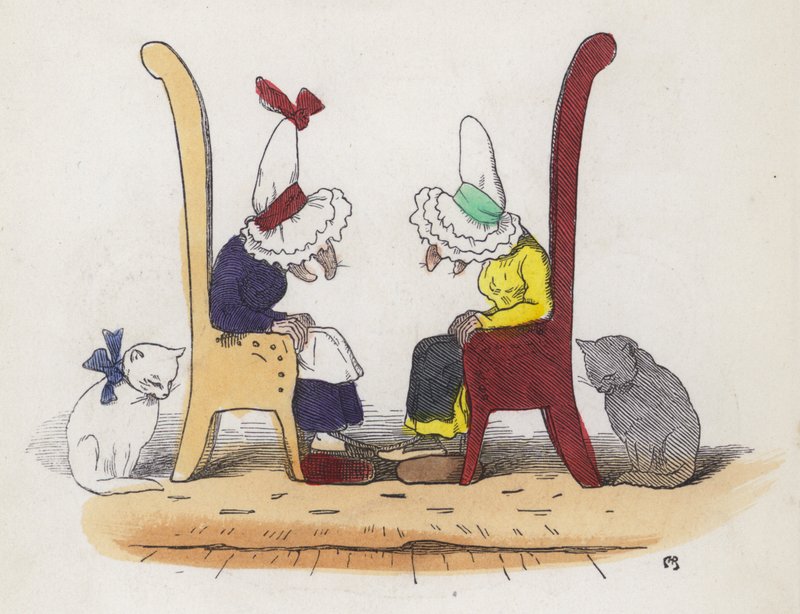 Két öreg feleség beszélget, majd elalszik (színes metszet) alkotó: Charles Henry (after) Bennett