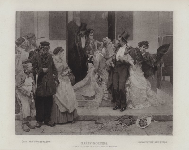Kora reggel, megmutatja a kontrasztot a következők között: fáradság és elégedettség; és Dissipation and Ruin (mélynyomás) alkotó: Charles Hermans