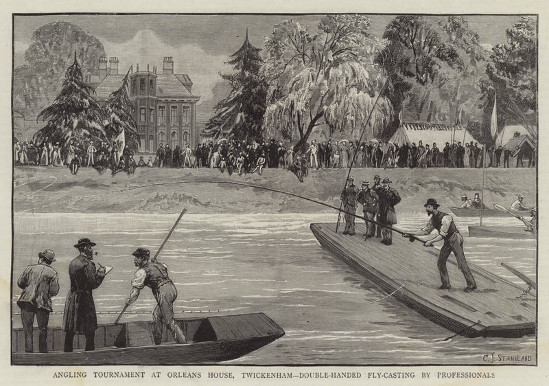Horgásztorna az Orleans House-ban, Twickenham, kétkezes légydobás profik által alkotó: Charles J. Staniland