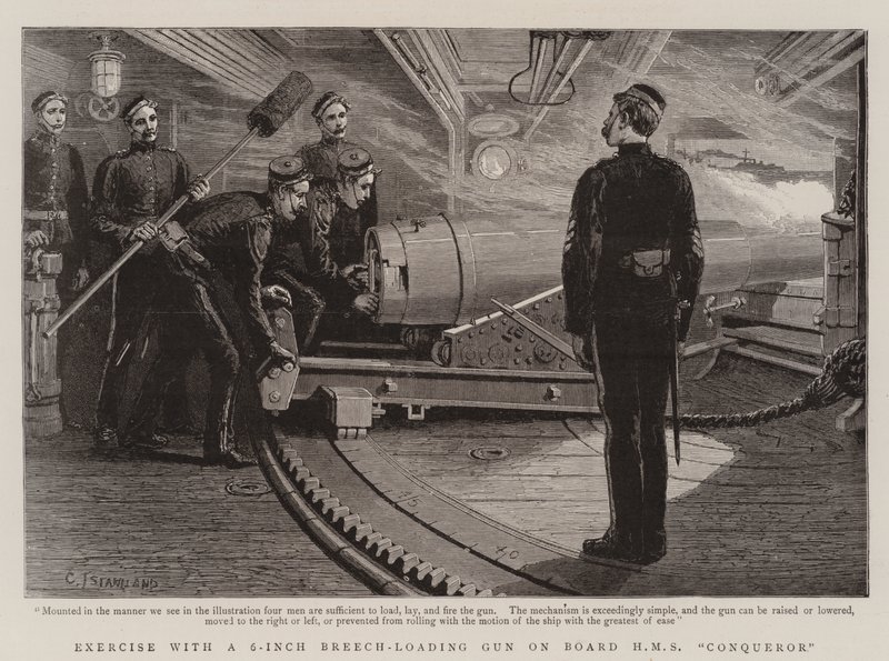 Gyakoroljon egy 6 hüvelykes, hátultöltős fegyverrel a HMS Conqueror fedélzetén alkotó: Charles J. Staniland