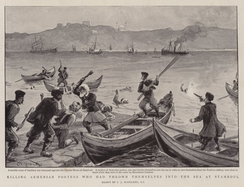 Örmény hordárok megölése, akik a tengerbe vetették magukat Stamboulnál. alkotó: Charles J. Staniland