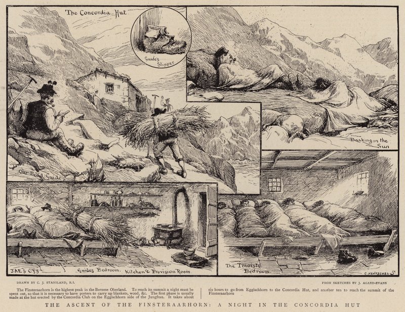 A Finsteraarhorn felemelkedése, egy éjszaka a Concordia kunyhóban alkotó: Charles J. Staniland