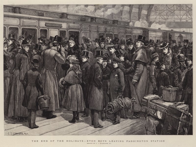 Vége az ünnepeknek, az Eton Boys elhagyja a Paddington állomást alkotó: Charles J. Staniland