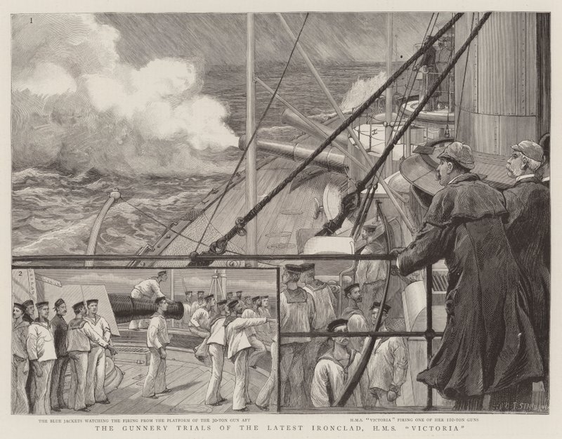 A legújabb vaskalapos tüzérségi próbái, HMS Victoria alkotó: Charles J. Staniland
