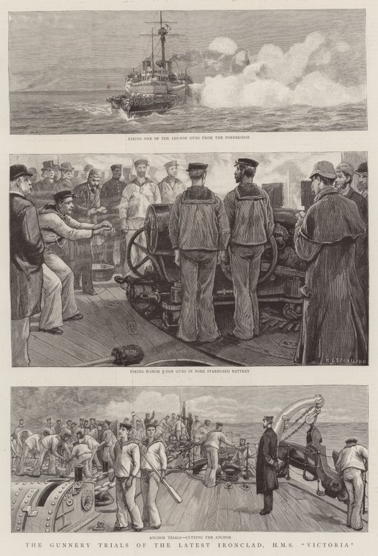 A legújabb vaskalapos tüzérségi próbái, HMS Victoria alkotó: Charles J. Staniland