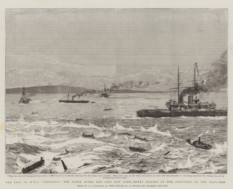 A HMS Victoria elvesztése, a Hajó elsüllyedése utáni jelenet, A zászlóshajó túlélőit felszedő csónakok alkotó: Charles J. Staniland