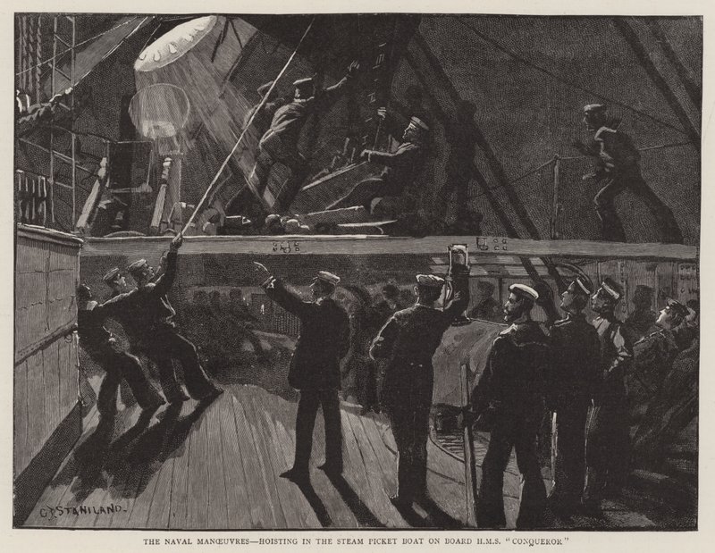 A haditengerészeti manőverek, felemelés a gőzhajóban a HMS Conqueror fedélzetén alkotó: Charles J. Staniland