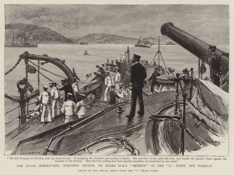 A haditengerészeti manőverek, horgonyt vetve a C-flotta HMS Benbow fedélzetén, Torquay előtt. alkotó: Charles J. Staniland