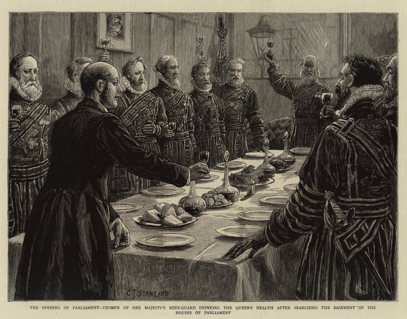 A Parlament megnyitása, Őfelsége testőrségének katonái a királynő egészségére isznak, miután átkutatták a Parlament pincéjét. alkotó: Charles J. Staniland