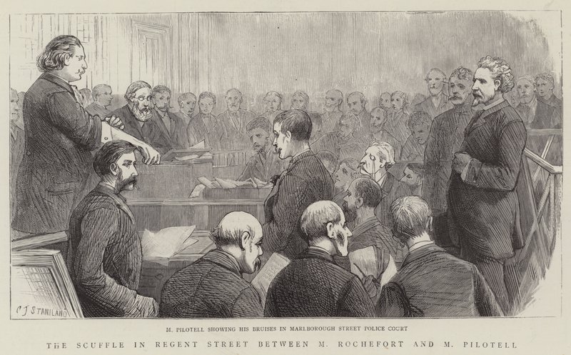 A Regent Street-i dulakodás Rochefort úr és Pilotell úr között alkotó: Charles J. Staniland