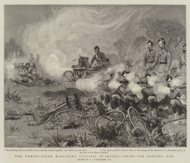 A huszonhatodik Middlesex kerékpáros Zerebában, a Gatling fegyverrel lőnek alkotó: Charles J. Staniland