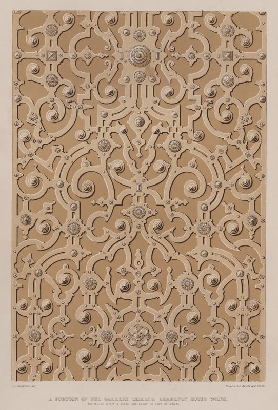 A galéria mennyezetének egy része, Charlton House, Wilts, a mennyezet 17 láb széles és körülbelül 115 láb hosszú (színes litó) alkotó: Charles James Richardson