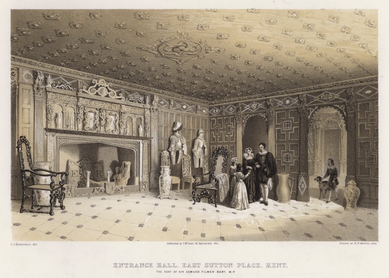 Bejárati hall, East Sutton Place, Kent, Sir Edmund Filmer székhelye (színes litó) alkotó: Charles James Richardson