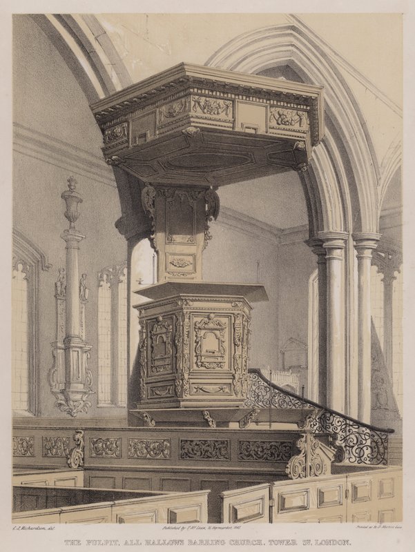 Szószék, All Hallows Barking Church, Tower Street, London (színes litó) alkotó: Charles James Richardson