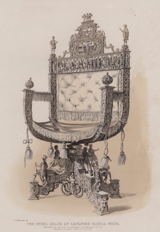 Az acélszék a longfordi kastélyban, Wilts, amelyet Augsburg városa ajándékozott Rudolphis 2., Németország császárának 1577 körül alkotó: Charles James Richardson