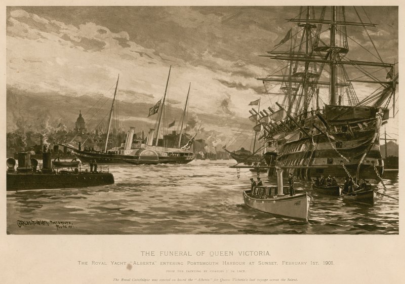 Viktória királynő temetése. Az Alberta királyi jacht, a királynő holttestét szállítva, behajózik Portsmouth kikötőjébe naplementekor alkotó: Charles John de (after) Lacy