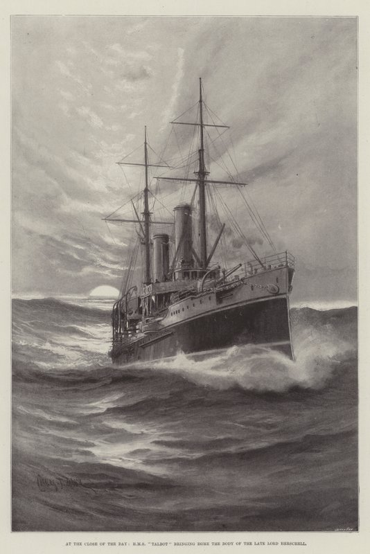 A nap zárásaként a HMS Talbot hazahozza a néhai Lord Herschell testét alkotó: Charles John de Lacy