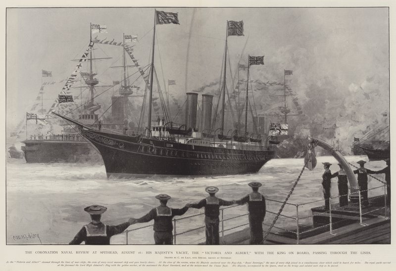 A koronázási haditengerészeti szemle Spitheadben, augusztus 16., Őfelsége jachtja, a Victoria és Albert, a királlyal a fedélzeten, áthalad a vonalakon. alkotó: Charles John de Lacy