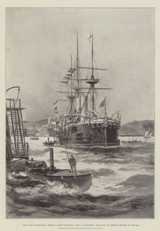 A haditengerészeti manőverek, tartalék flottaműveletek, HMS Alexandra, Domvile admiral zászlóshajója a Tor-öbölben alkotó: Charles John de Lacy