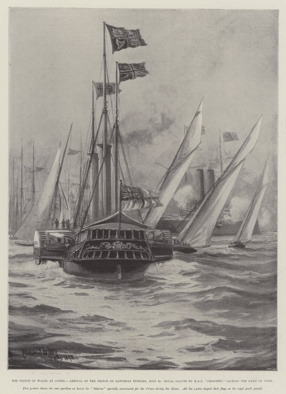 A walesi herceg Cowes-ban, a herceg megérkezése július 30-án, szombat este, a HMS Crescent királyi tisztelgése, a York herceg kapitánya. alkotó: Charles John de Lacy