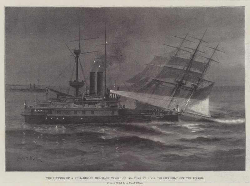 A HMS Sanspareil elsüllyesztette egy 1400 tonnás, teljesen felszerelt kereskedelmi hajót a Lizard mellett alkotó: Charles John de Lacy