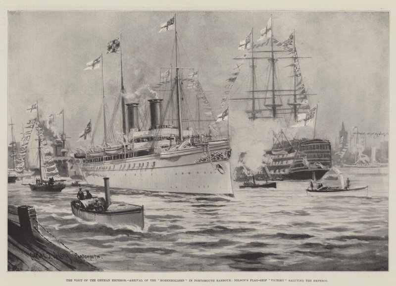 A német császár látogatása, a Hohenzollern érkezése a portsmouthi kikötőbe, Nelson zászlóshajója, a Victory üdvözli a császárt. alkotó: Charles John de Lacy