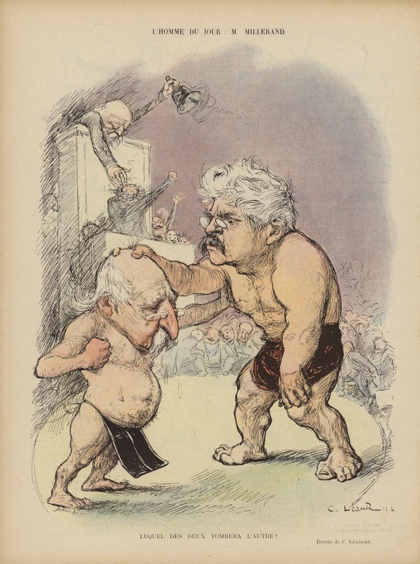 Emile Combes és Alexandre Millerand francia politikusok karikatúrája. Illusztráció Le Rire alkotó: Charles Leandre
