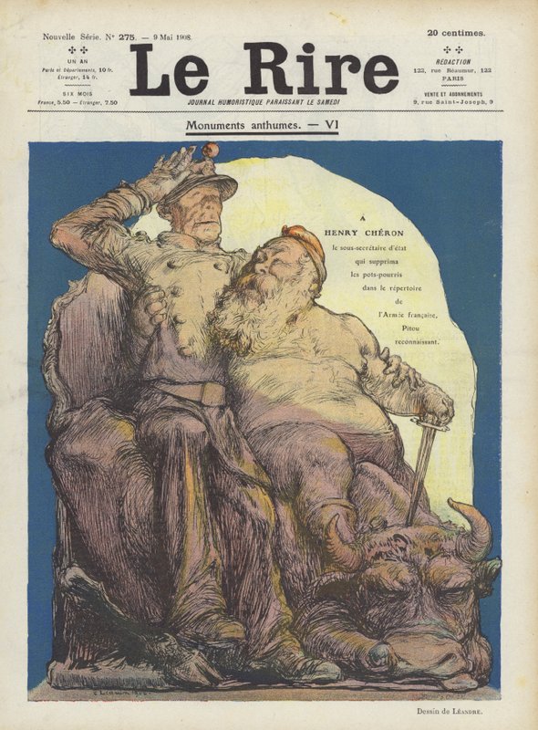 Henry Cheron francia hadügyért felelős helyettes államtitkár karikatúrája. Illusztráció Le Rire alkotó: Charles Leandre