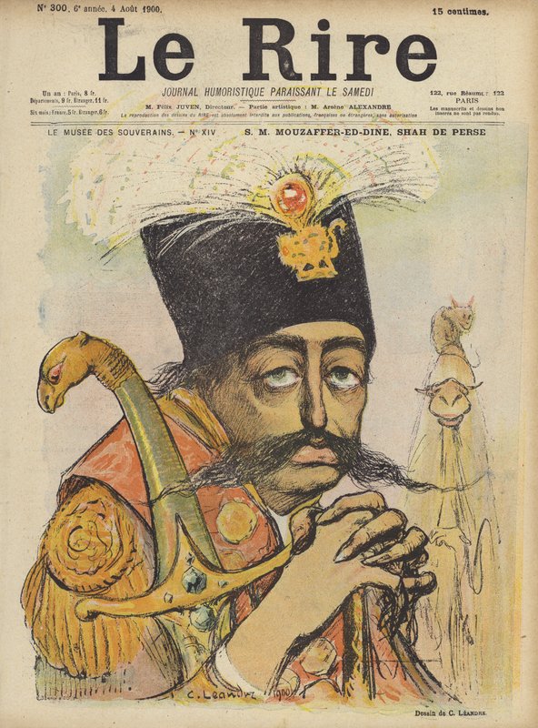 Mozaffer-ed-Din, perzsa sah, Le Rire illusztrációja alkotó: Charles Leandre