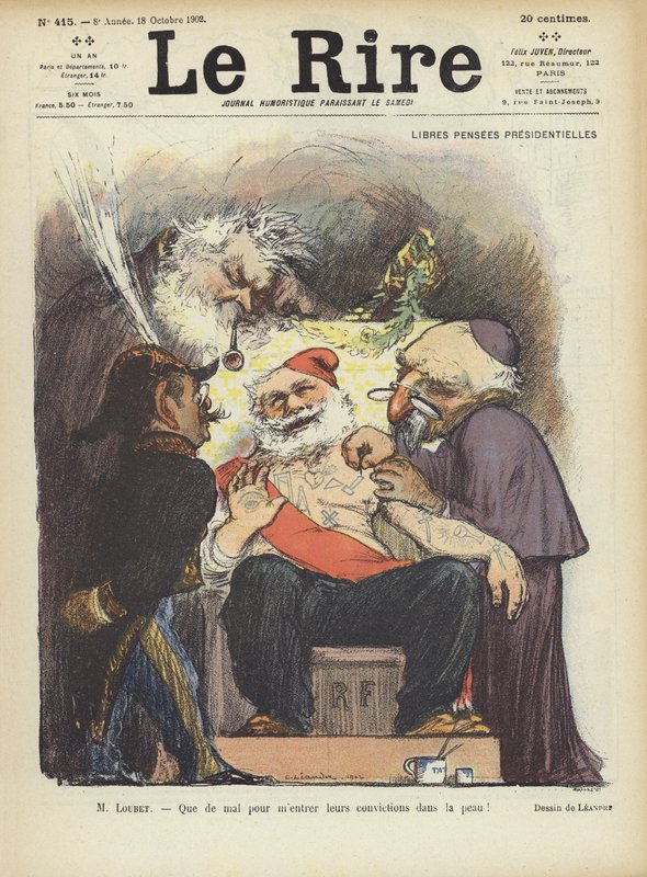 Loubet francia elnököt tetoválták. Illusztráció Le Rire alkotó: Charles Leandre