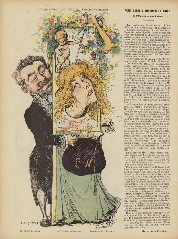 Henri Lavetans Varennes című darabjának produkciója a Sarah Bernhardt Színházban. Illusztráció Le Rire alkotó: Charles Leandre