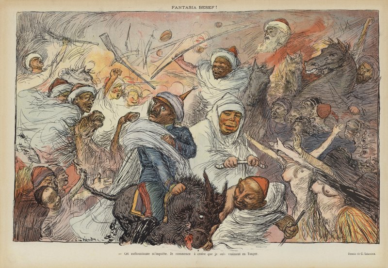 Szatíra II. Vilmos császár 1905-ös tangeri látogatásáról. Illusztráció a Le Rire számára alkotó: Charles Leandre