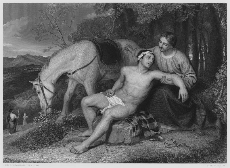 Az irgalmas szamaritánus, a királyi gyűjtemény képéről (metszet) alkotó: Charles Lock (after) Eastlake
