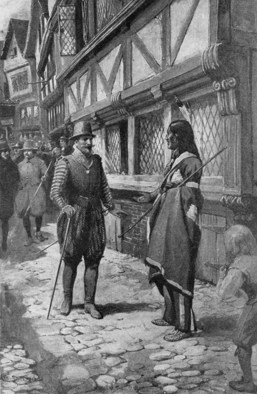 John Smith kapitány találkozik egy virginiai vörös indián baráttal, miközben sétál a The Strand Londonban (litho) alkotó: Charles Mills (after) Sheldon