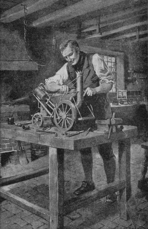 George Stephenson a Rakéta modelljén dolgozik, a motoron, amely lehetővé tette a vasutat (litho) alkotó: Charles Mills (after) Sheldon