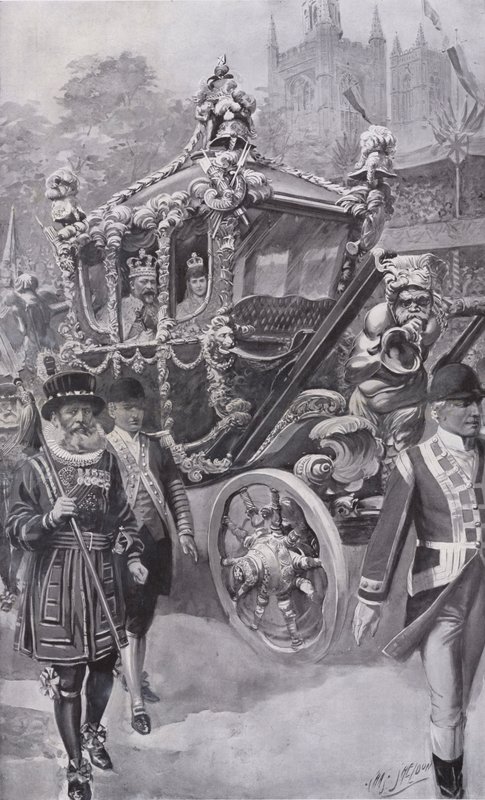 VII. Edward király és Alexandra királynő az állami edzőben tért vissza koronázásukról a londoni Westminster Abbeyben alkotó: Charles Mills (after) Sheldon